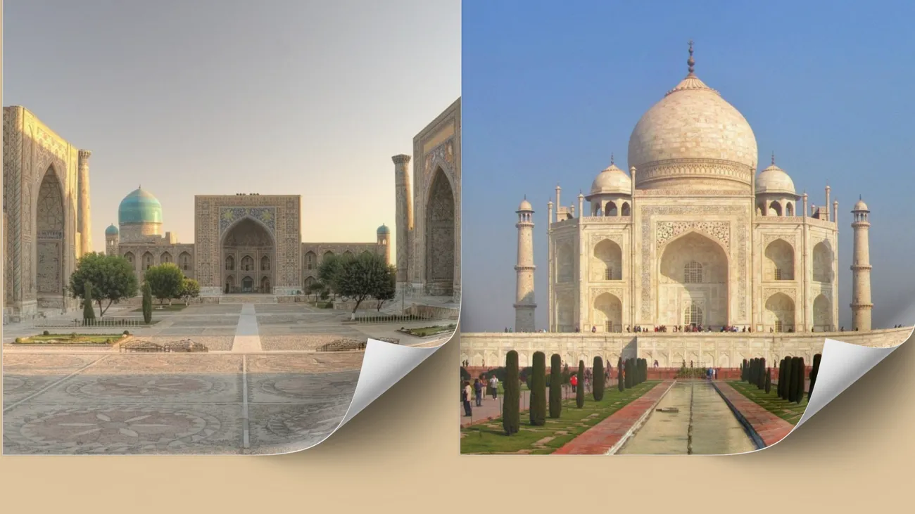 What connects the Registan and the Taj Mahal?